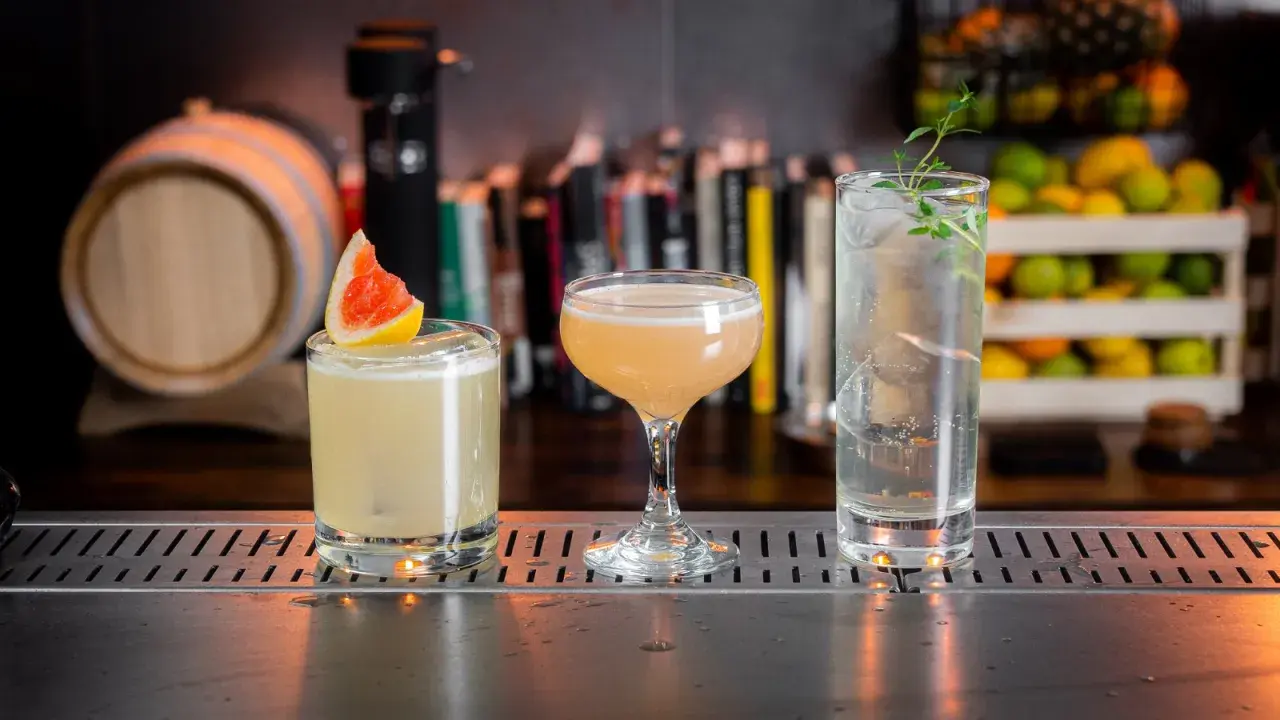 Tre läckra drinkar med gin står uppradade på en bardisk. En med grapefrukt, en i coupeglas och en longdrink med örter.