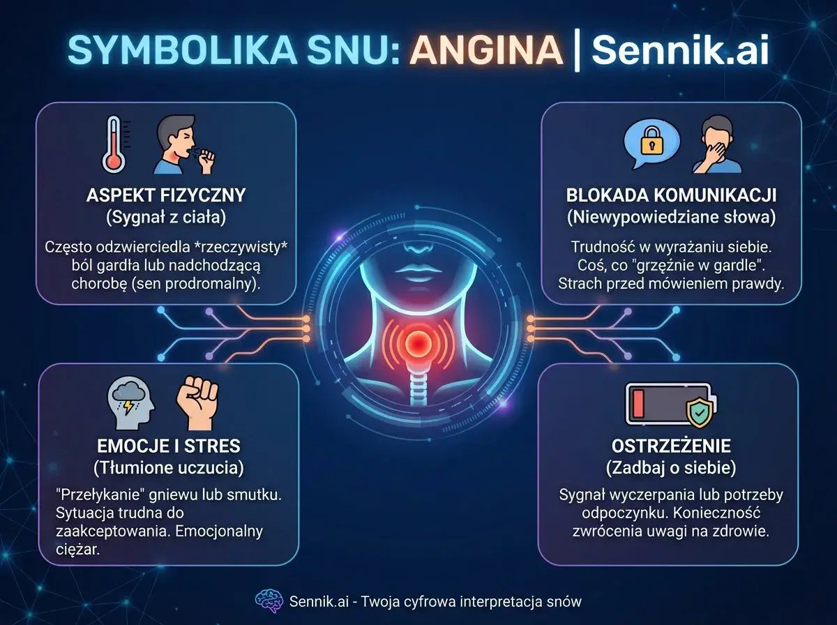 Sen o anginie symbolizuje problemy z komunikacją, tłumione emocje i potrzebę zadbania o siebie. To sygnał dla czakry gardła.