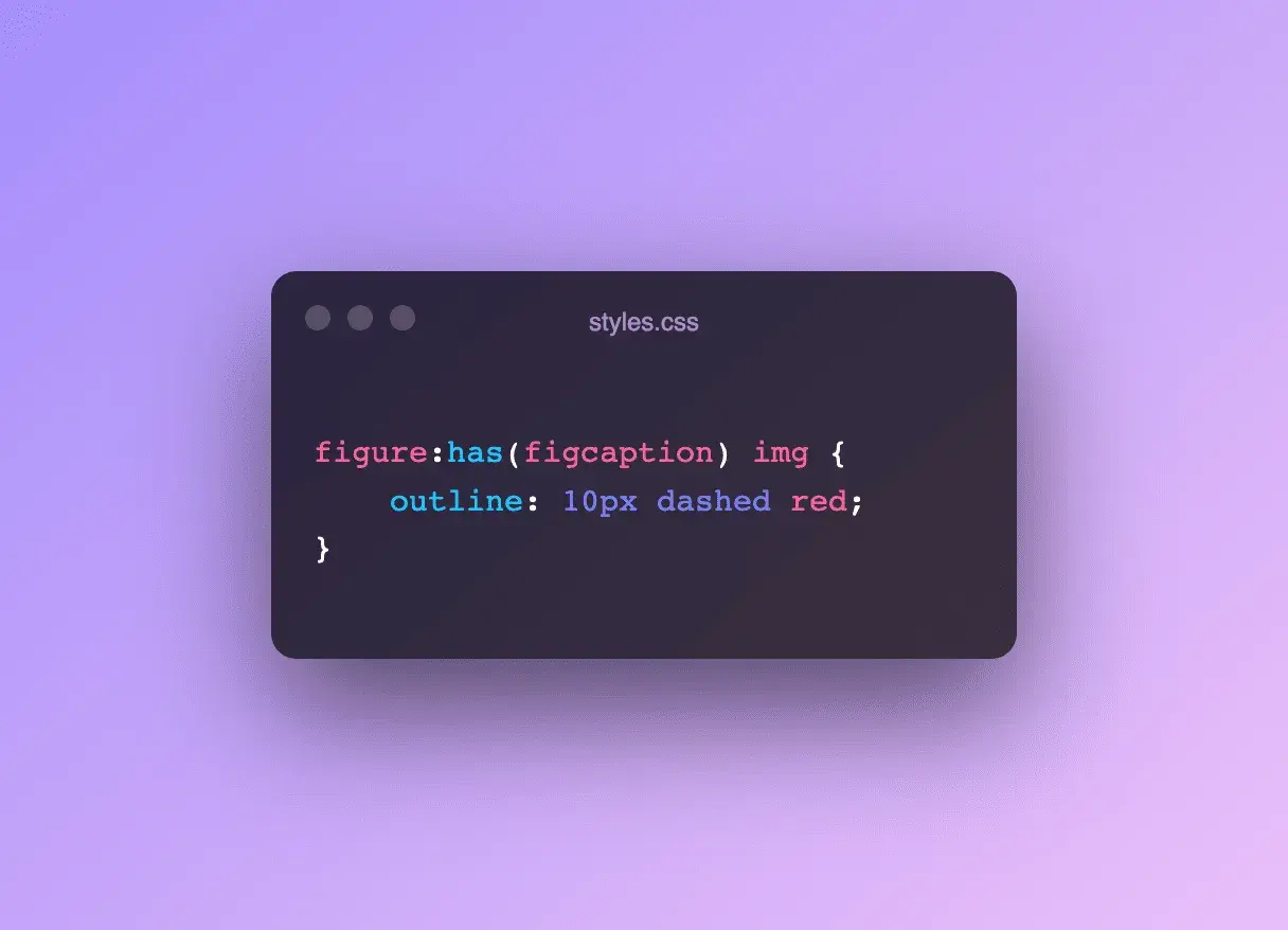 Extrait de code CSS montrant la pseudo-classe `:has()` pour styliser des images dans un élément `figure` qui contient une `figcaption`.