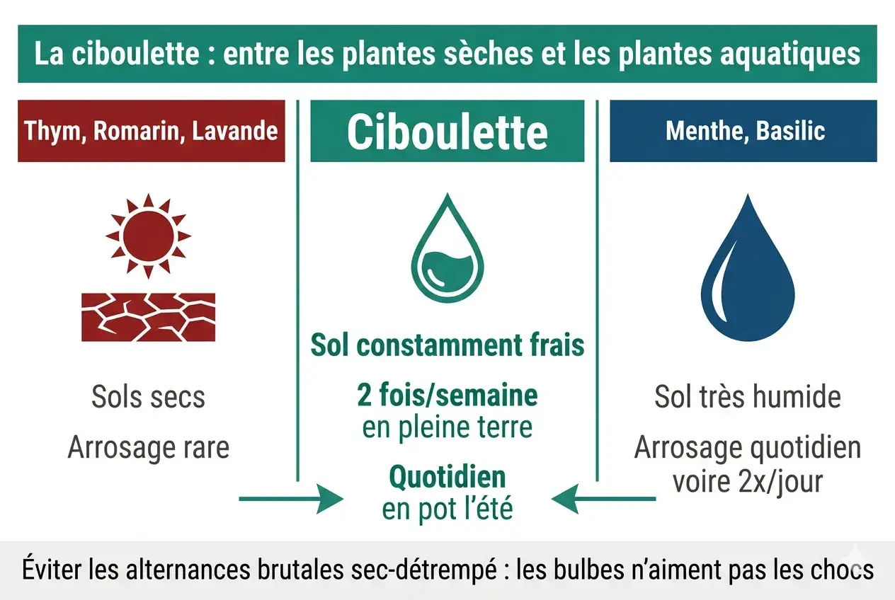Conseils d'arrosage pour la ciboulette : sol frais, 2x/semaine en terre, quotidien en pot l'été. Éviter les chocs sec-humide.