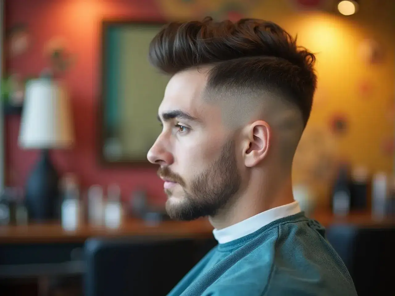 Un hombre joven con un moderno diseño pelo hombre, con un degradado y tupé.