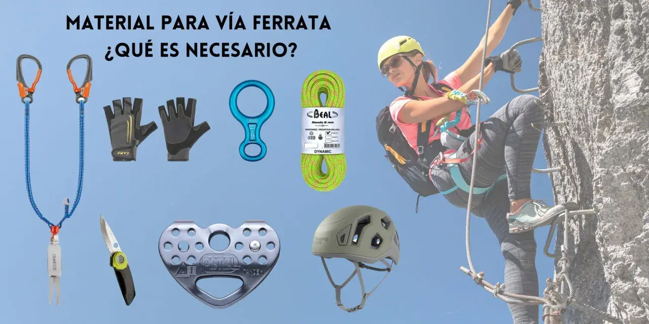 Material de escalada: arnés, mosquetones, guantes, descendedor, cuerda y casco. ¡Todo lo necesario para tu aventura!