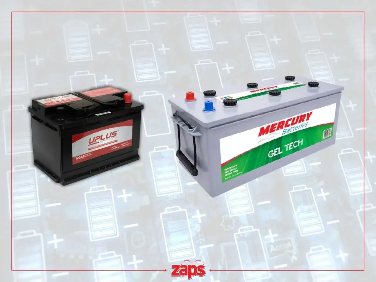 Dos baterías, una negra UPLUS AGM y una gris MERCURY GEL TECH, listas para tu moto.