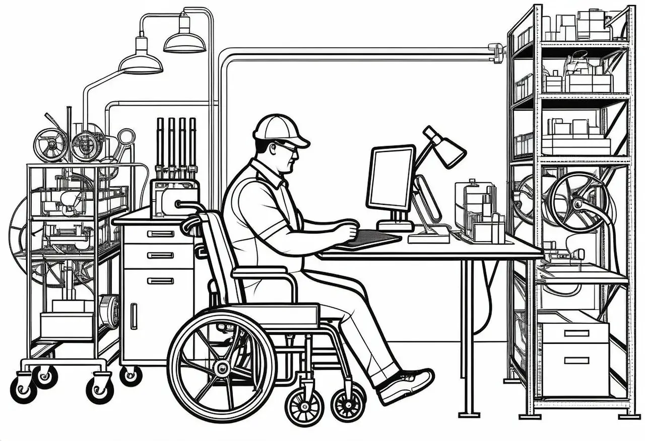 Uomo in sedia a rotelle lavora al computer, in un ambiente che ricorda un laboratorio o un ufficio. Potrebbe essere un esempio di congedo per cure invalidi depressione, dove il lavoro da remoto è una soluzione.