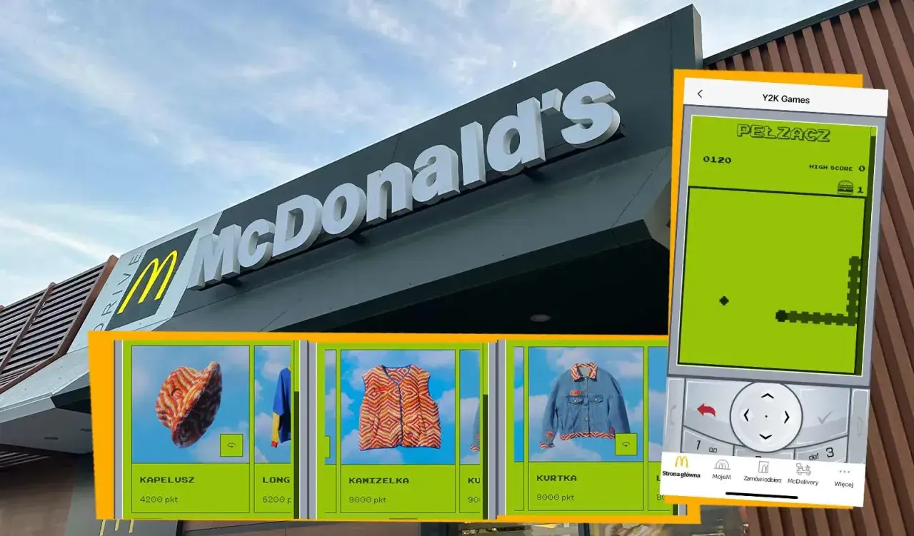 McDonald's z ofertą ubrań w stylu Y2K. Na ekranie telefonu gra "Pełzacz", a obok wirtualne przedmioty: kapelusz, long, kamizelka i kurtka.