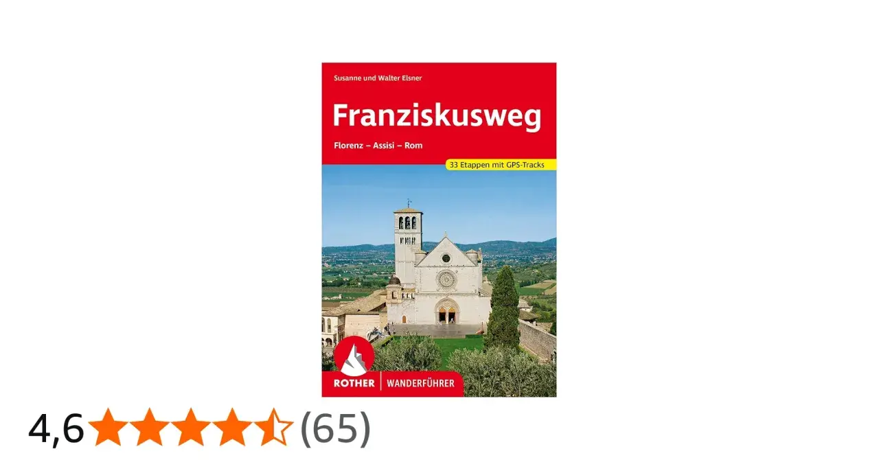 Eine Wanderkarte für den Franziskusweg von Florenz nach Rom. Die Basilika von Assisi ist im Vordergrund zu sehen.
