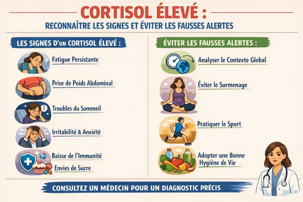 Signes d'un cortisol élevé : fatigue persistante, prise de poids, troubles du sommeil, irritabilité, baisse immunité, envies de sucre. Éviter le surmenage, pratiquer le sport.