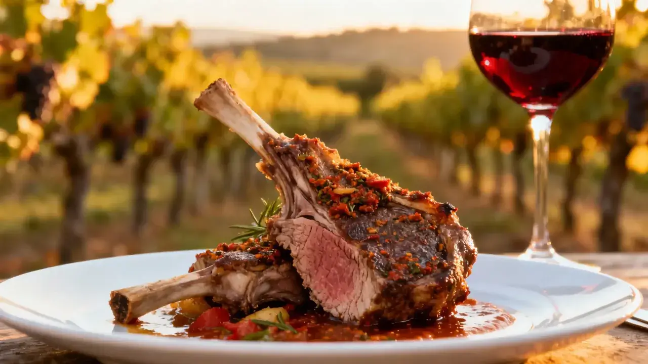 Carré d'agneau rôti, sauce tomate et herbes, servi avec un verre de pinot noir, dans un décor de vignoble.
