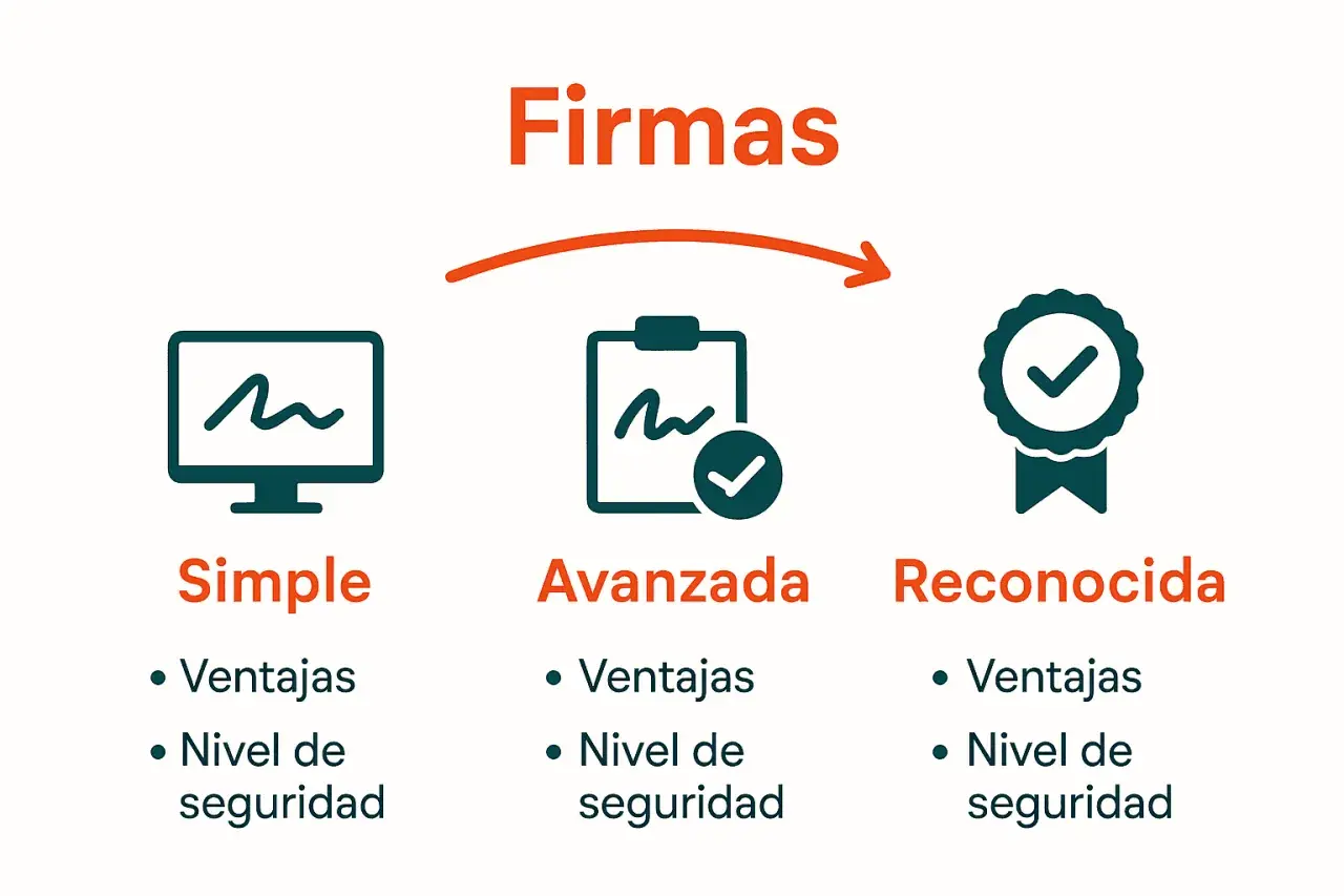 Diagrama de firmas: simple, avanzada y reconocida. Ideal para la firma digital empresas, mostrando niveles de seguridad y ventajas.