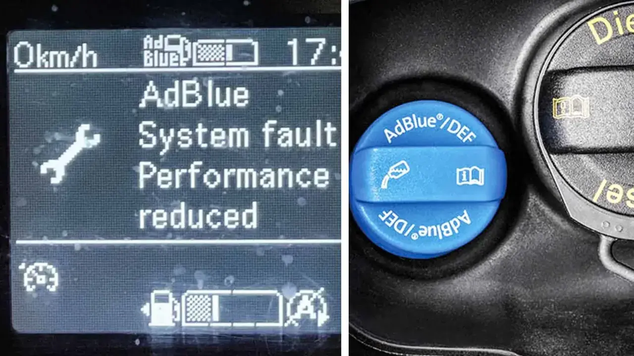 Varning för AdBlue-systemfel på bilens display. Bredvid syns AdBlue-locket, vilket kan ge en hint om hur mycket adblue drar en bil.
