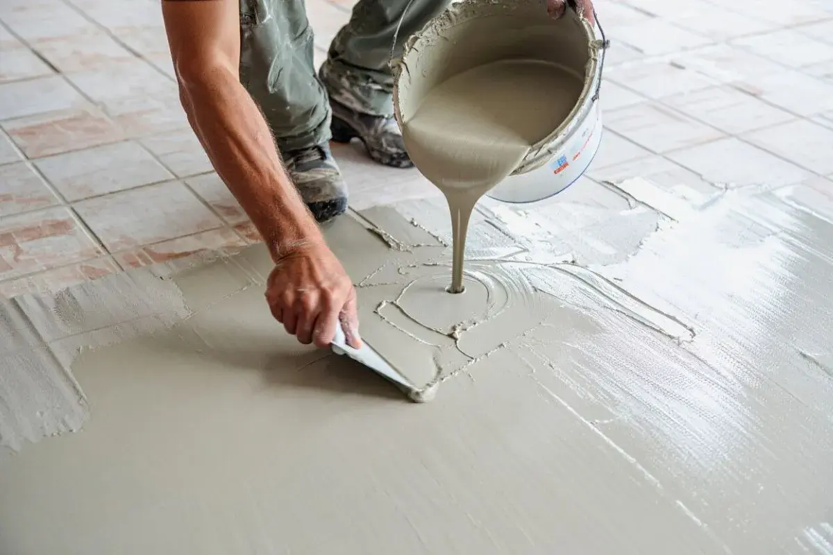 Application de béton ciré sur un carrelage existant. Un ouvrier étale le produit avec une spatule, transformant le sol.