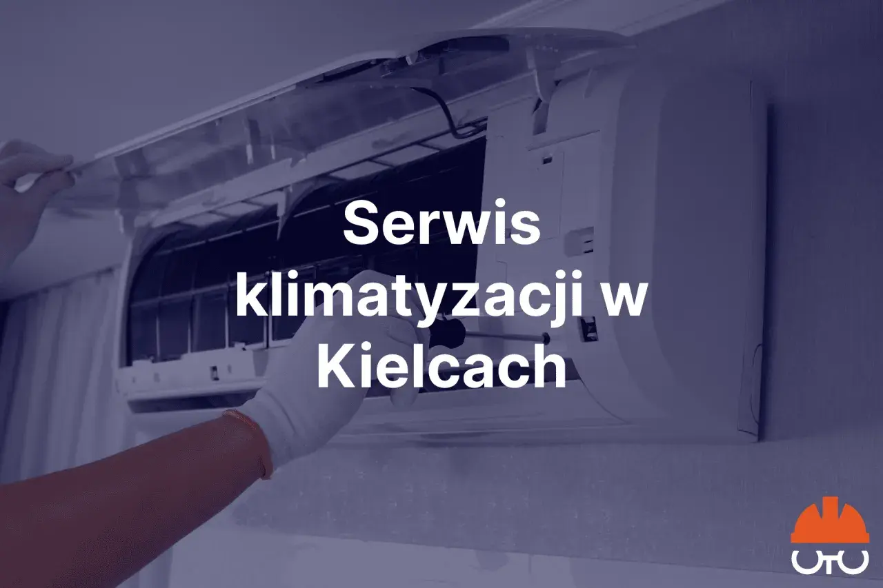 Ręka w białej rękawiczce naprawia klimatyzator. Napis "Serwis klimatyzacji w Kielcach".