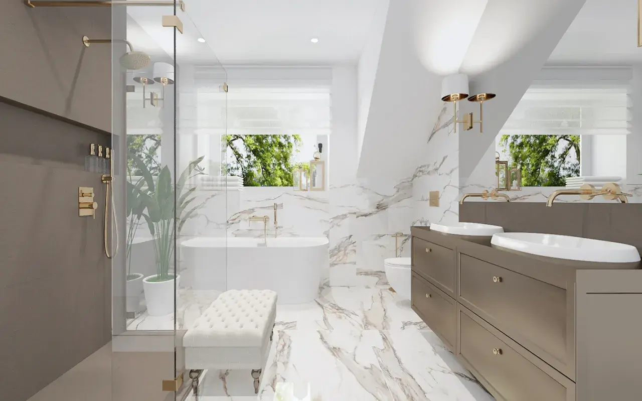 Elegancka łazienka modern classic z wanną, prysznicem, dwoma umywalkami i złotymi detalami.
