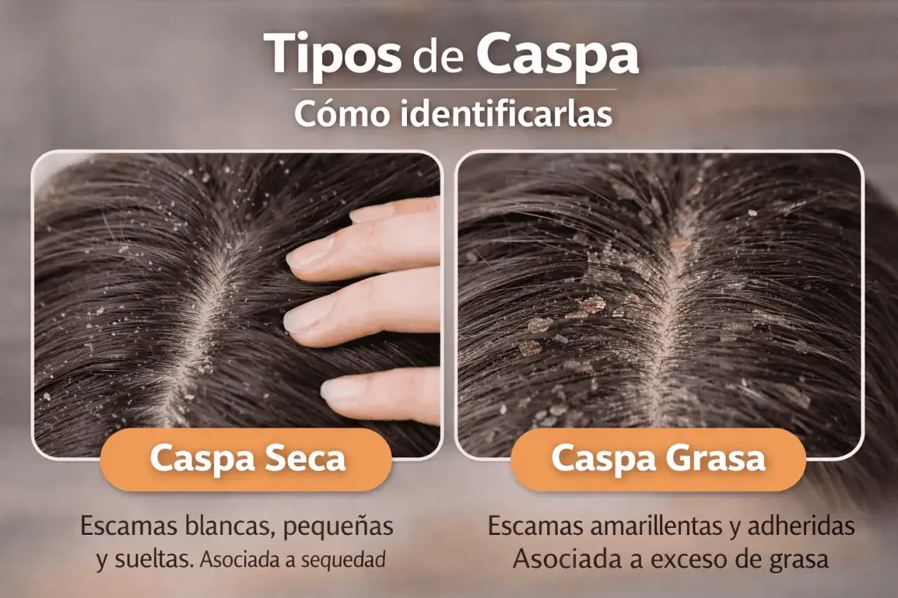 Dos tipos de caspa: seca (escamas blancas, sueltas) y grasa (amarillentas, adheridas). Aprende cómo quitar la caspa identificando la tuya.
