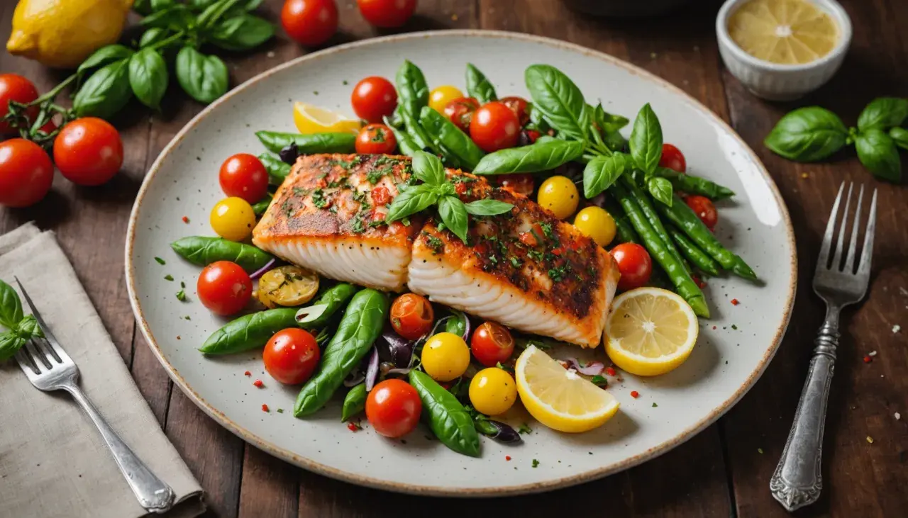 Un délicieux filet de lingue grillé, garni d'herbes fraîches, servi avec des tomates cerises, des haricots verts et des quartiers de citron.