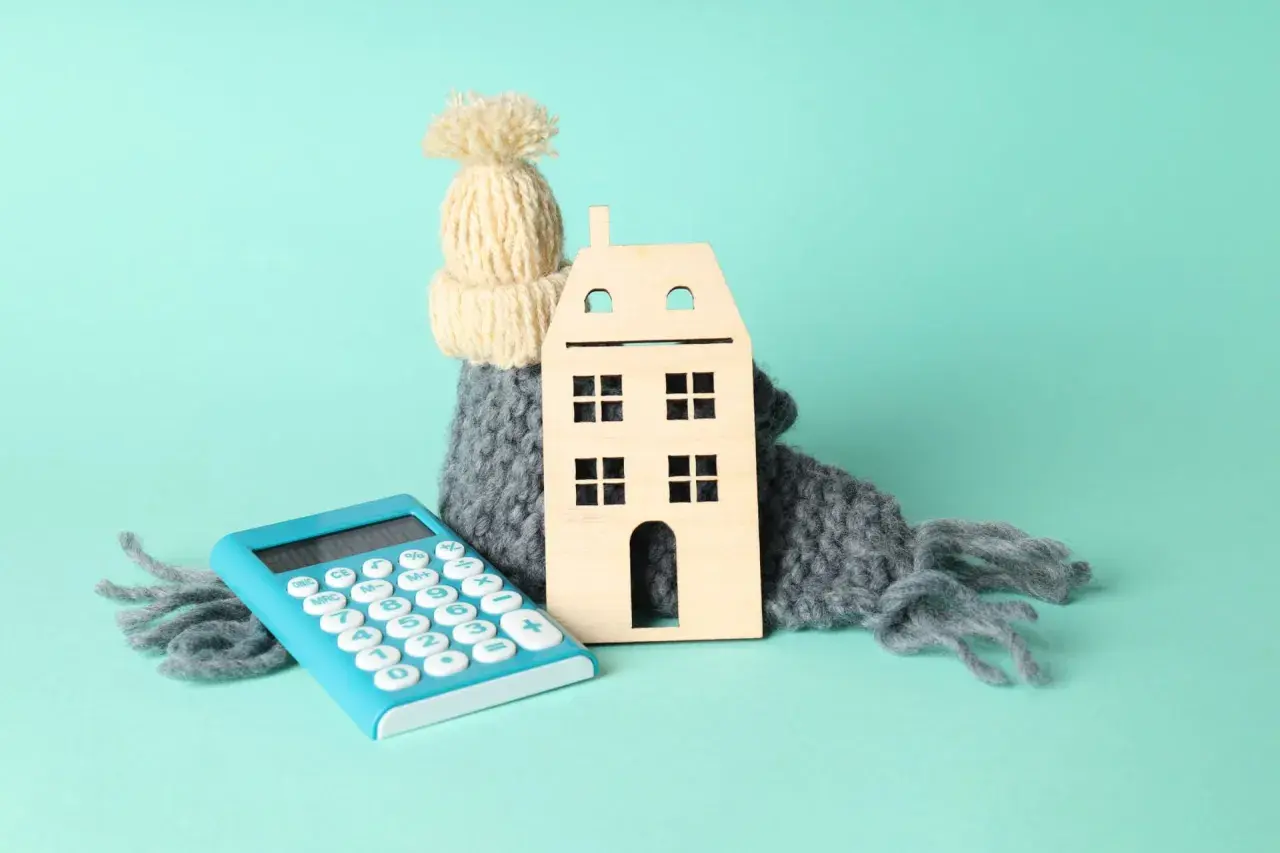 Casa de madera abrigada con bufanda y gorro, junto a calculadora. Simboliza el cálculo del coeficiente de rendimiento energético para el hogar.