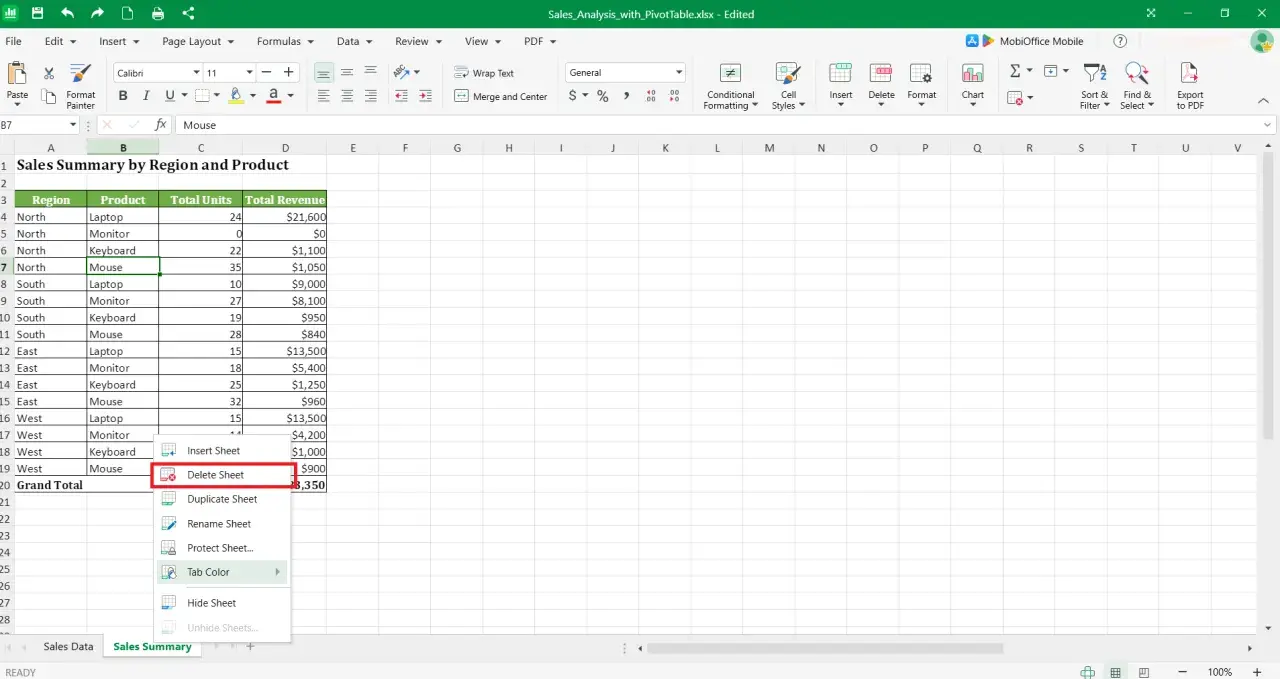 Eliminare formattazione tabella Excel: il cursore è posizionato sulla voce "Delete Sheet" nel menu contestuale, pronto per rimuovere un foglio di lavoro.