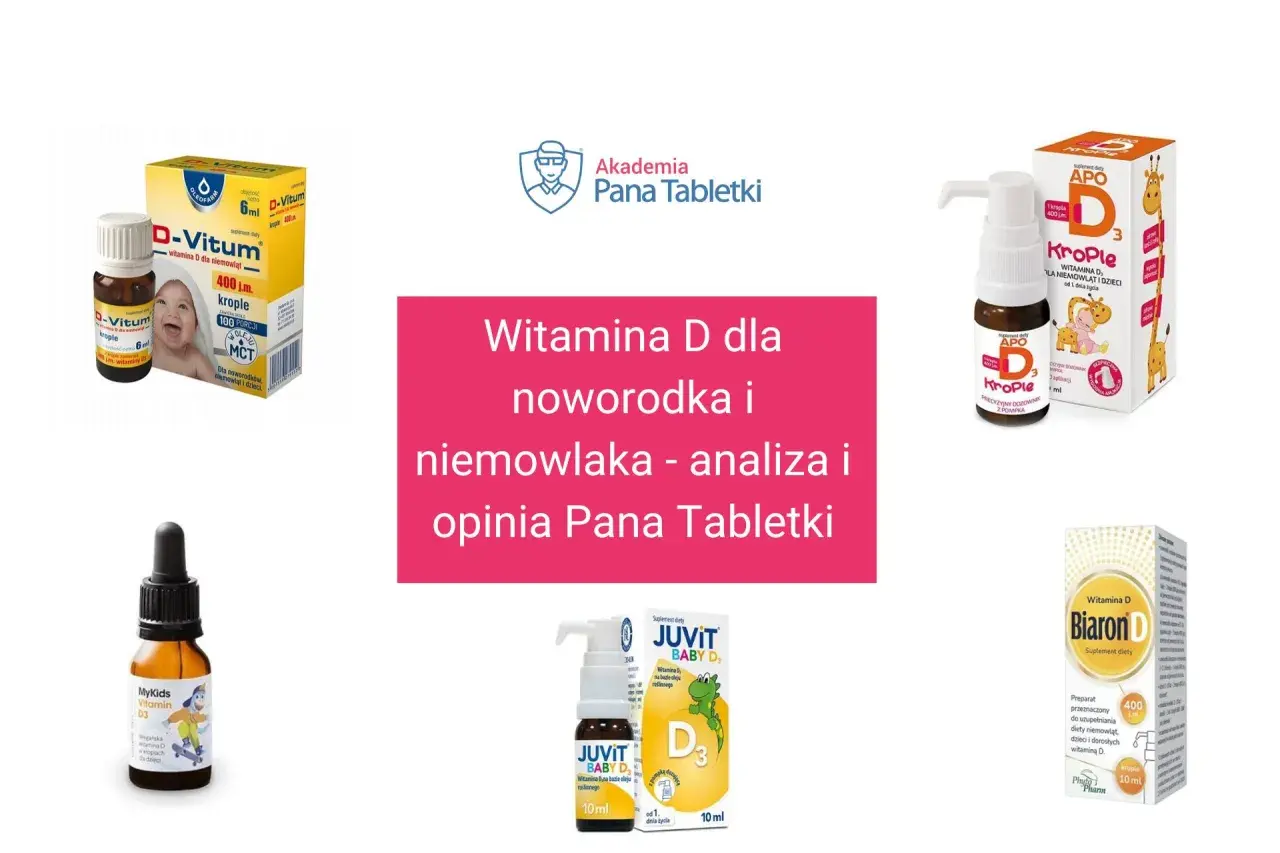 Różne preparaty z witaminą D w kroplach dla niemowląt: D-Vitum, APO Krople, MyKids Vitamin D3, JUVIT BABY D3, Biaron D.