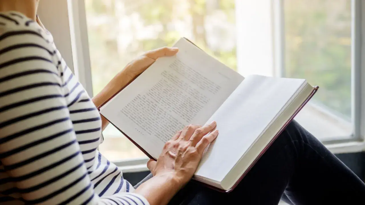 Une personne lit un livre près d'une fenêtre. Les pages sont blanches, suggérant le fin du livre.