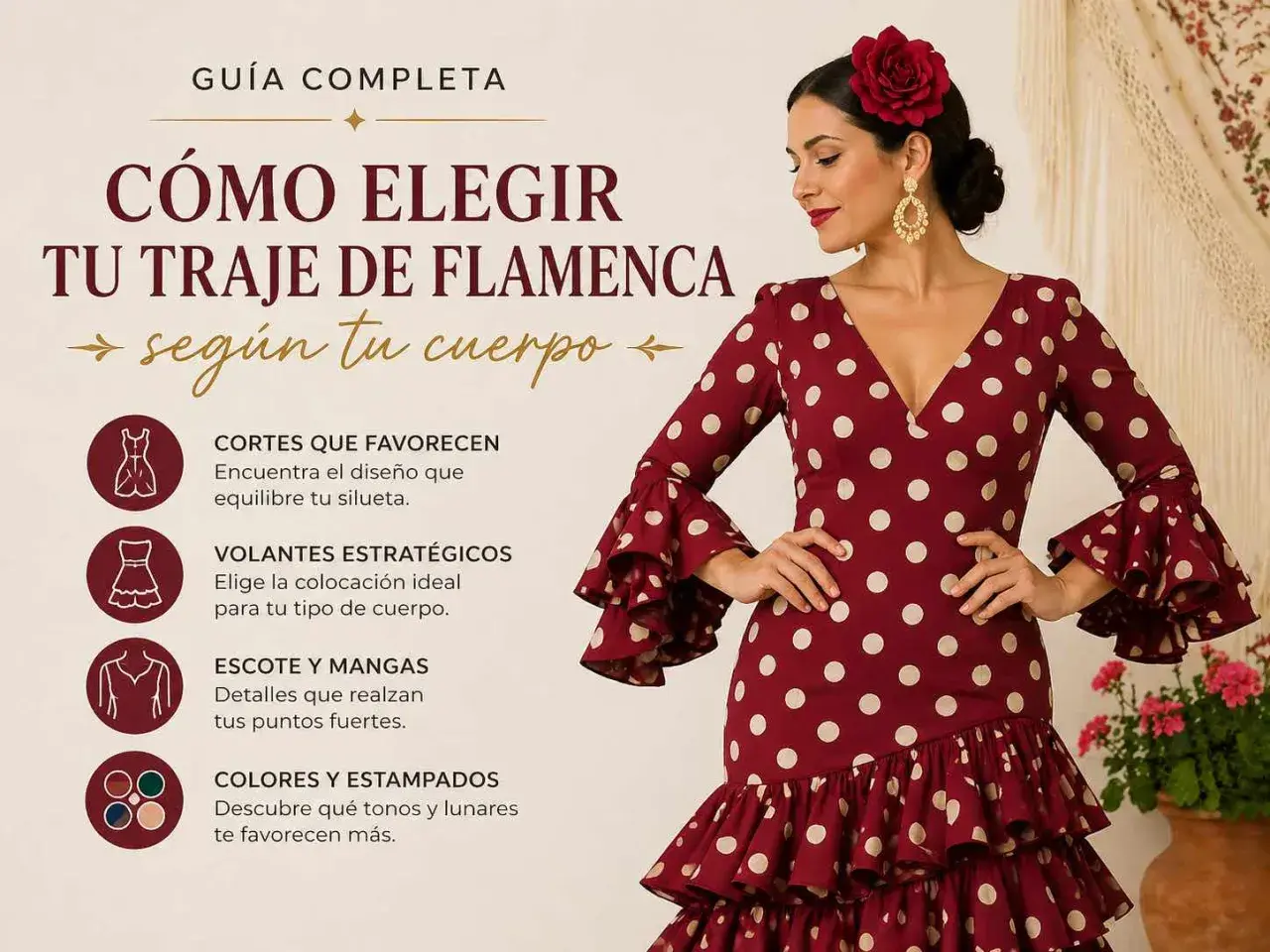 Guía para elegir los tipos de vestidos de flamenca perfectos según tu cuerpo, con consejos sobre cortes, volantes, escote, mangas y estampados.