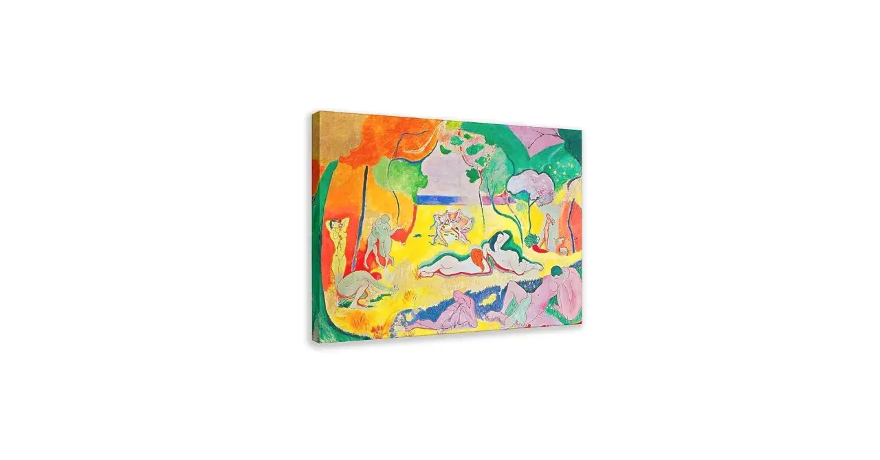 Obraz "Radość życia" Henri Matisse'a ukazuje barwną, idylliczną scenę z nagimi postaciami w otoczeniu natury.