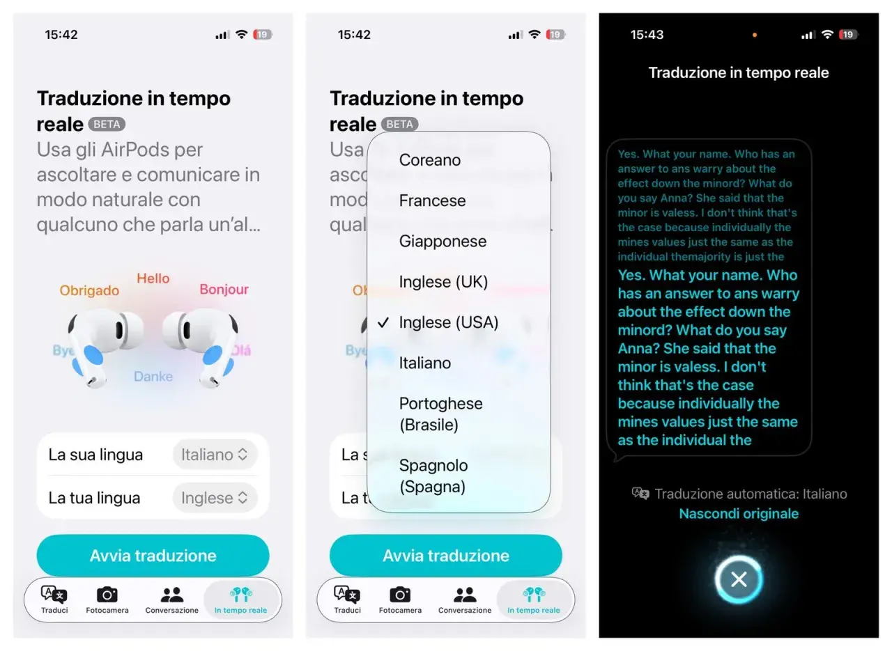 App per la traduzione in tempo reale con AirPods. Seleziona la lingua per una conversazione fluida, una vera traduzione.
