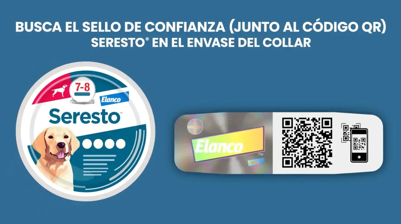 Collar Seresto para perros, con imagen de un labrador y el número 7-8. Busca el sello de confianza.