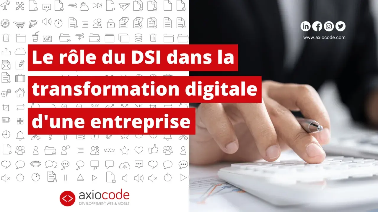 Le rôle du DSI dans la transformation digitale d'une entreprise. Icônes diverses et main sur un clavier.
