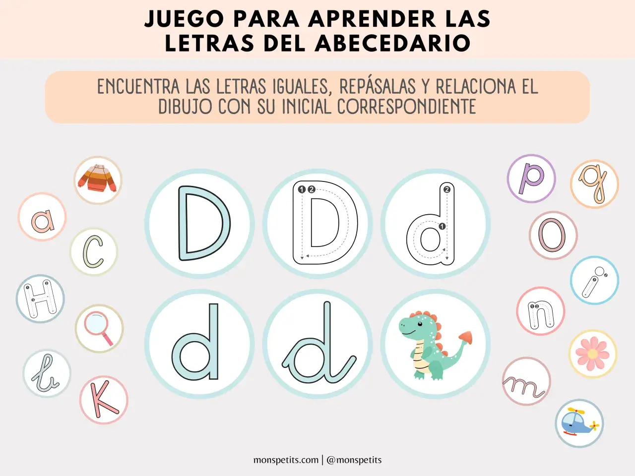 Juego para aprender el abecedario para imprimir mayúsculas y minúsculas, con letras y dibujos para relacionar.