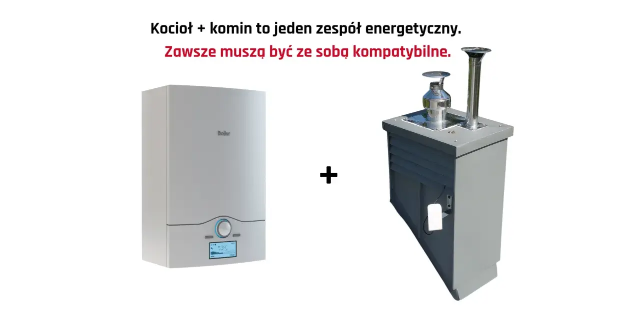 Nowoczesny kocioł i szary wkład do komina, tworzące razem system grzewczy.