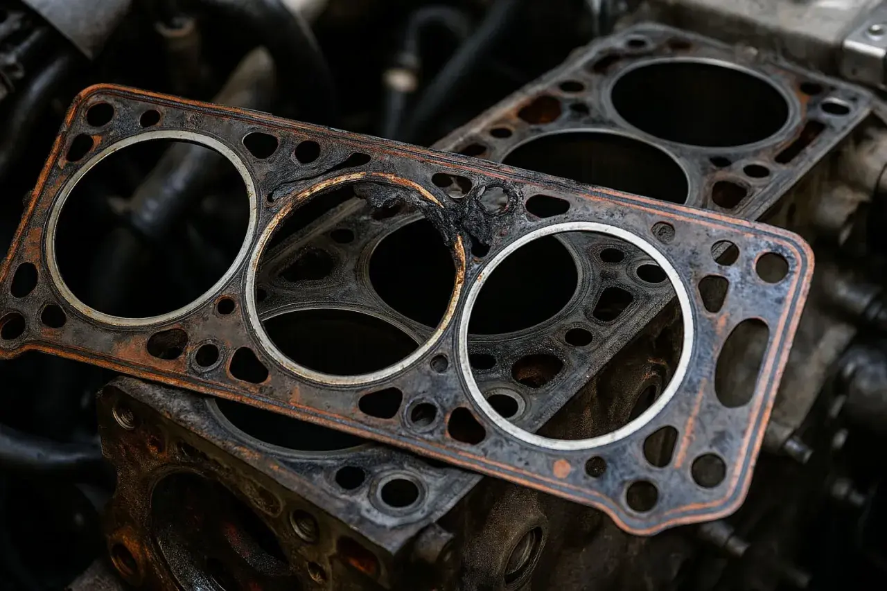 Testata motore rotta, con segni di bruciatura e ruggine evidenti sui cilindri. Un pezzo di ricambio necessario per riparare il motore.