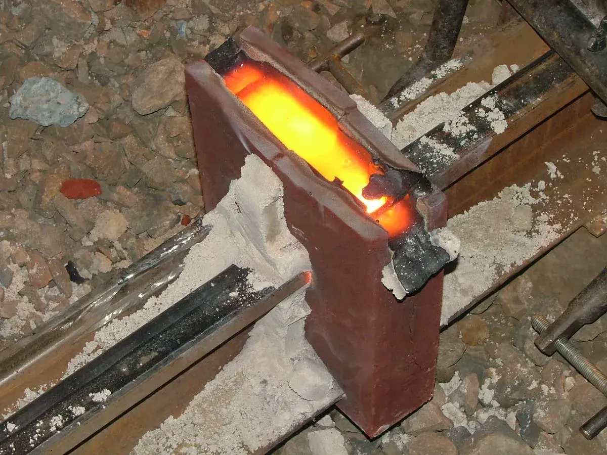 Żelazny szynoprzewód połączony metodą spawania termitowego. Roztopiony metal płynie w formie, tworząc mocne połączenie.