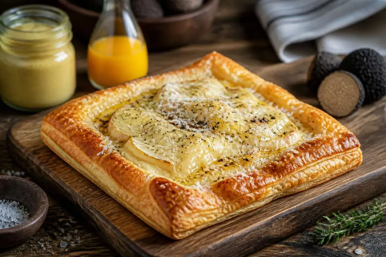 Tarte feuilletée au fromage fondant et arôme de truffe, accompagnée de jus d'orange et de truffes noires fraîches.