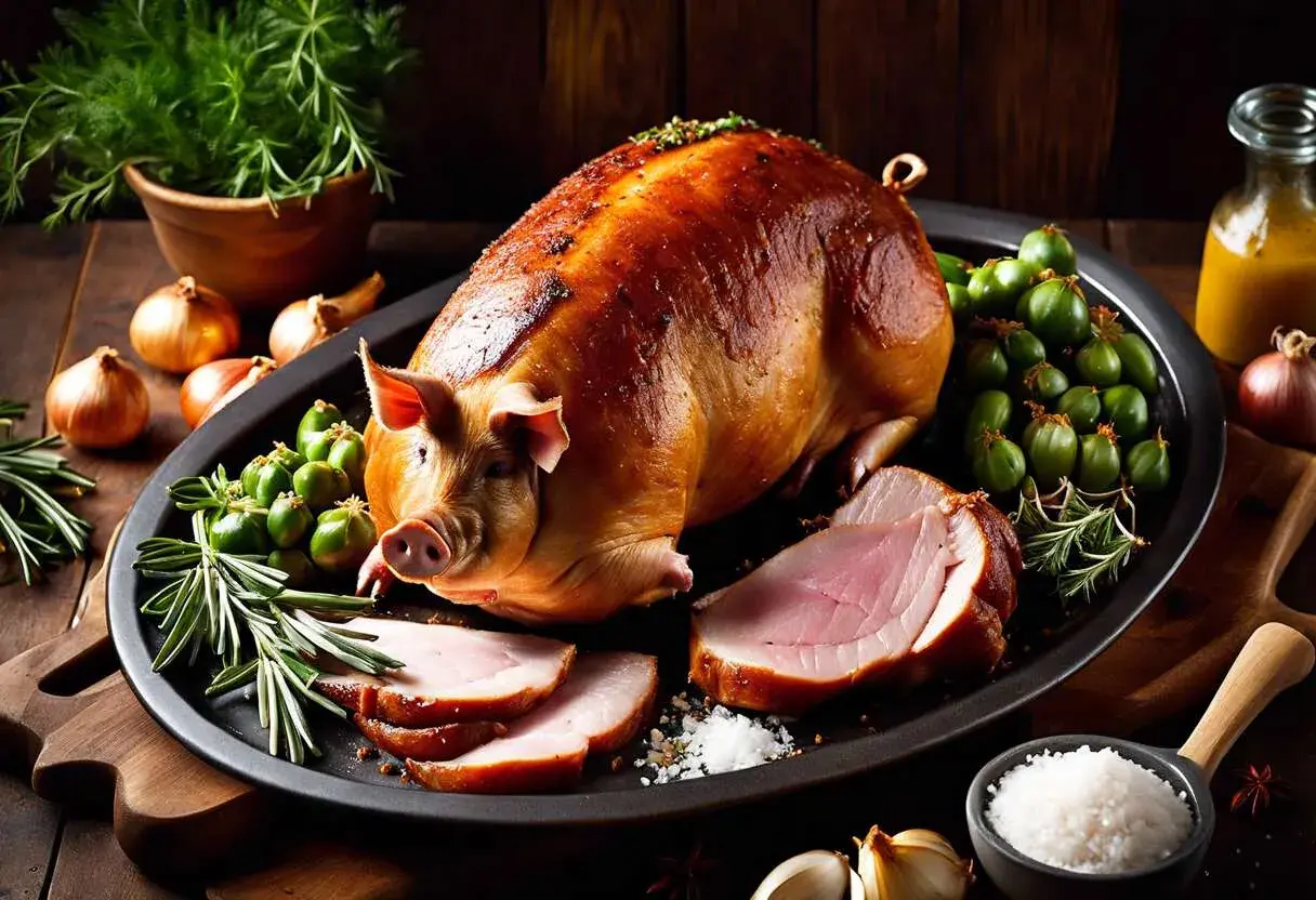 Un cochon rôti, prêt à être dégusté. Une présentation appétissante pour apprendre comment faire un cochon parfait.