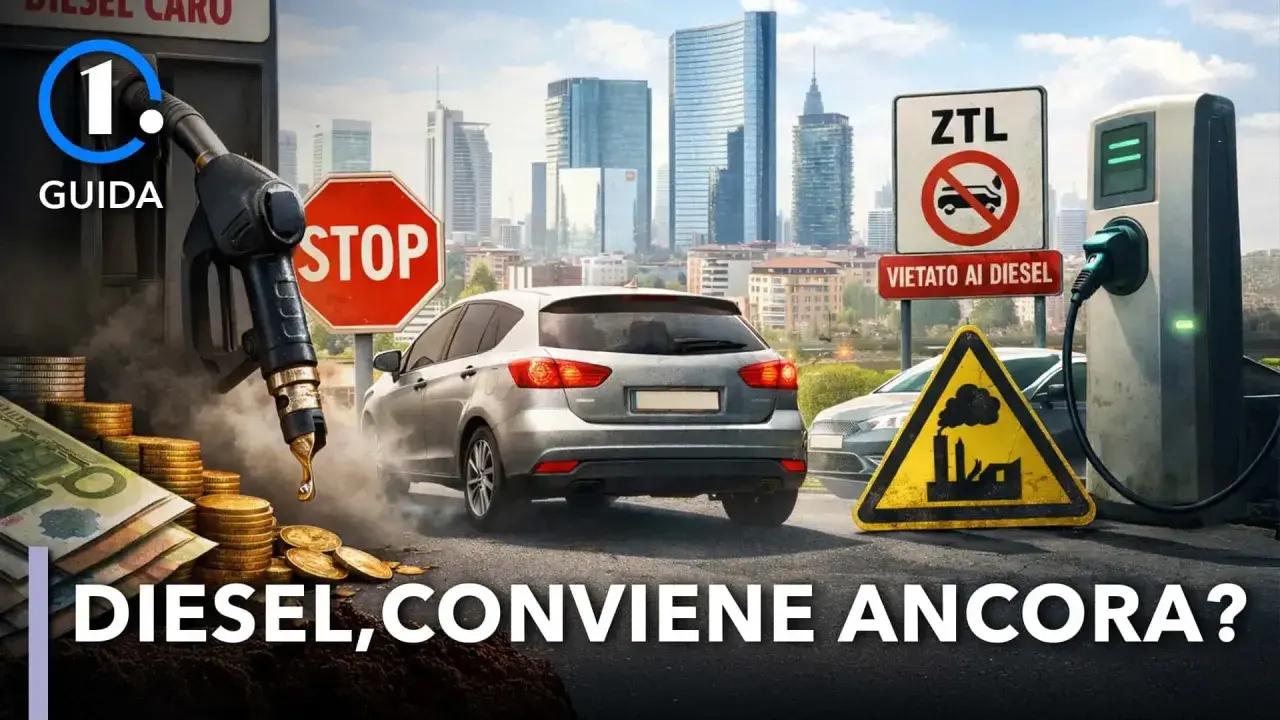 Una city car diesel in un contesto urbano con segnali di divieto e una colonnina di ricarica, mentre il prezzo del carburante sale.