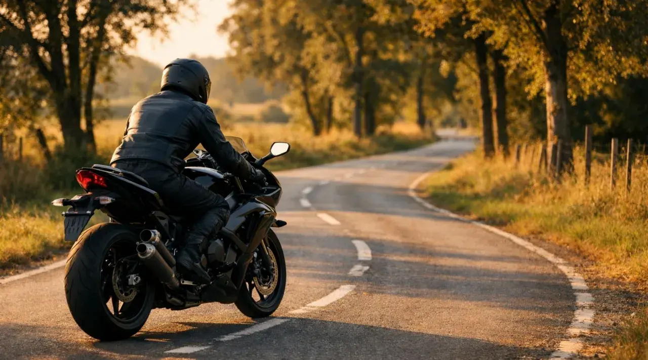 Motociclista en carretera rural al atardecer, cumpliendo la normativa de motos en Francia.