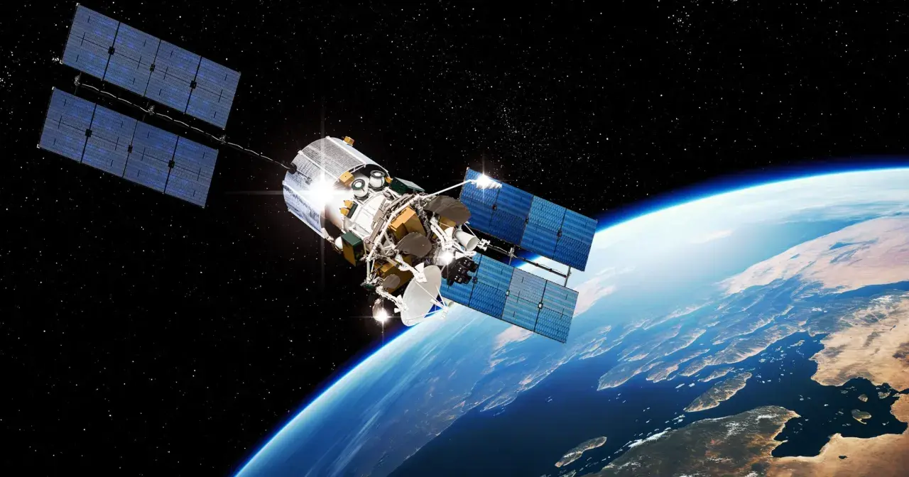 Satelita z dużymi panelami słonecznymi krąży nad Ziemią. Widać jego skomplikowaną konstrukcję i antenę.