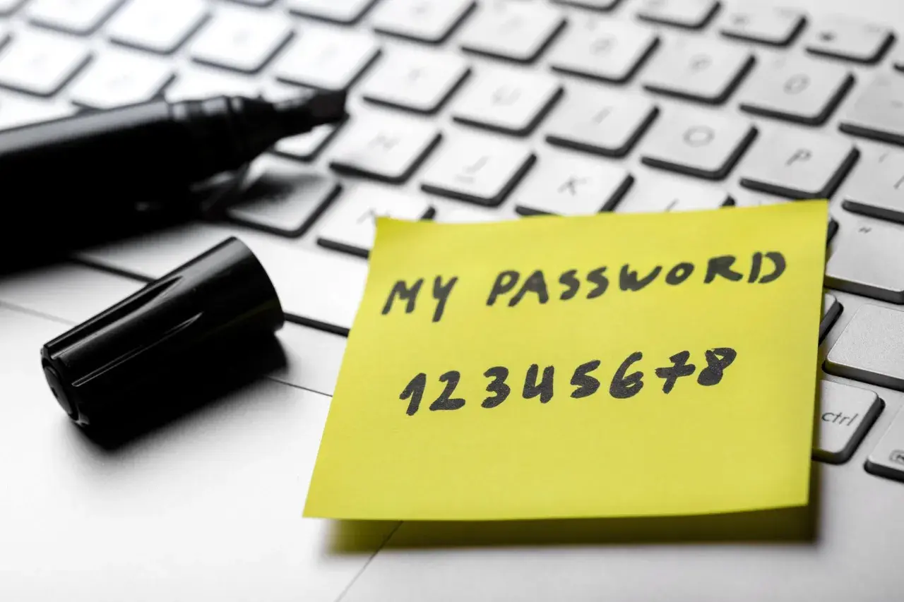 Na klawiaturze leży żółta karteczka z napisem "MY PASSWORD" i cyframi "12345678". Obok leży czarny marker. To zły pomysł na hasło!