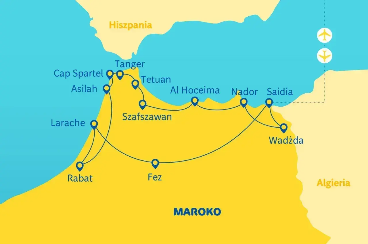 Mapa trasy z Hiszpanii do Maroka, obejmująca promy i miasta takie jak Tanger, Rabat, Fez, Szafszawan.