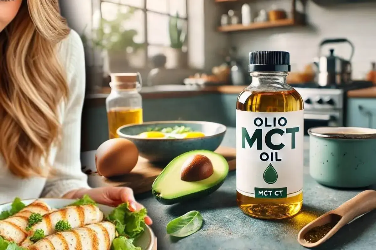 Una bottiglia di olio MCT in primo piano, accanto ad avocado, uova e pollo grigliato, per una colazione sana.