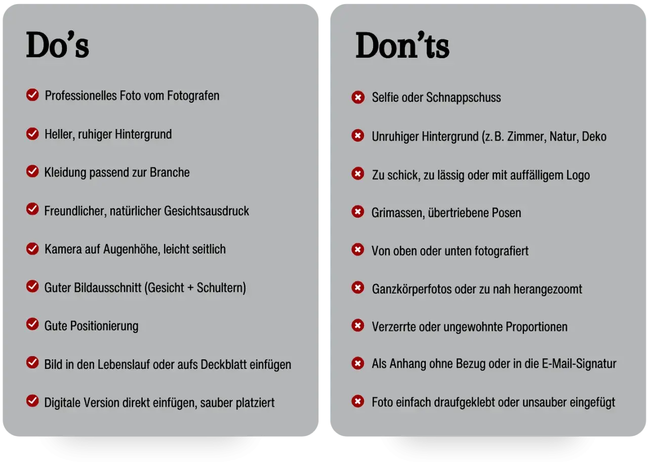 Tipps, wie man einen Lebenslauf mit professionellem Foto erstellt: Heller Hintergrund, passende Kleidung, freundlicher Ausdruck. Vermeide Selfies und unruhige Hintergründe.