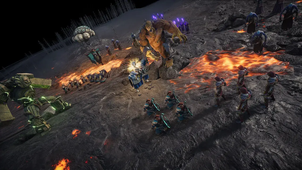 Bitwa w Spellforce: Conquest of Eo. Spolszczenie gry ukazuje starcie giganta z ludźmi i maszynami na tle płynnej lawy.