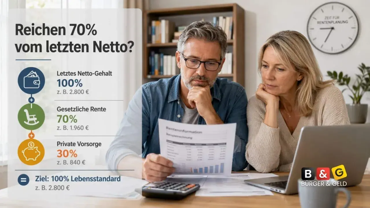 Ein Paar plant die Rente. Das letzte Netto-Gehalt (100%) wird mit gesetzlicher Rente (70%) und privater Vorsorge (30%) verglichen, um den Lebensstandard zu sichern.