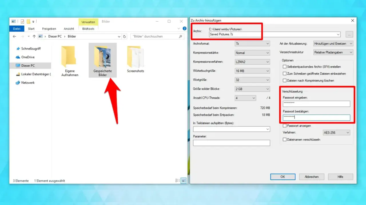 Fenster zeigt, wie man mit Windows einen Ordner sperren kann, indem man ein Passwort für das Archiv eingibt.