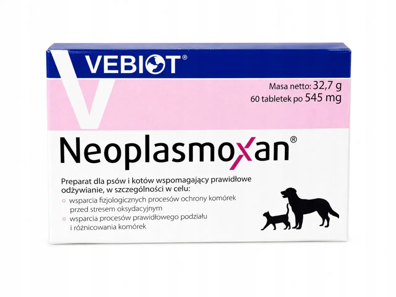 Opakowanie preparatu Neoplasmoxan dla psów i kotów z wizerunkiem psa i kota.