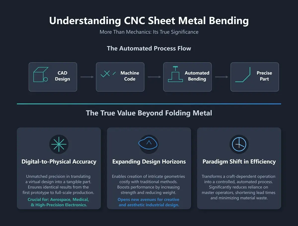 Diagram przedstawia proces gięcia blach CNC: od projektu CAD, przez kod maszyny, automatyczne gięcie, aż po precyzyjną część. Podkreśla dokładność, nowe możliwości projektowe i efektywność.