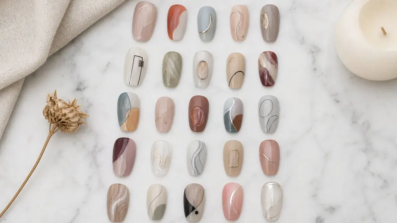 Collection de modèles de dessin ongles gel aux motifs abstraits et lignes fines, sur fond marbre.