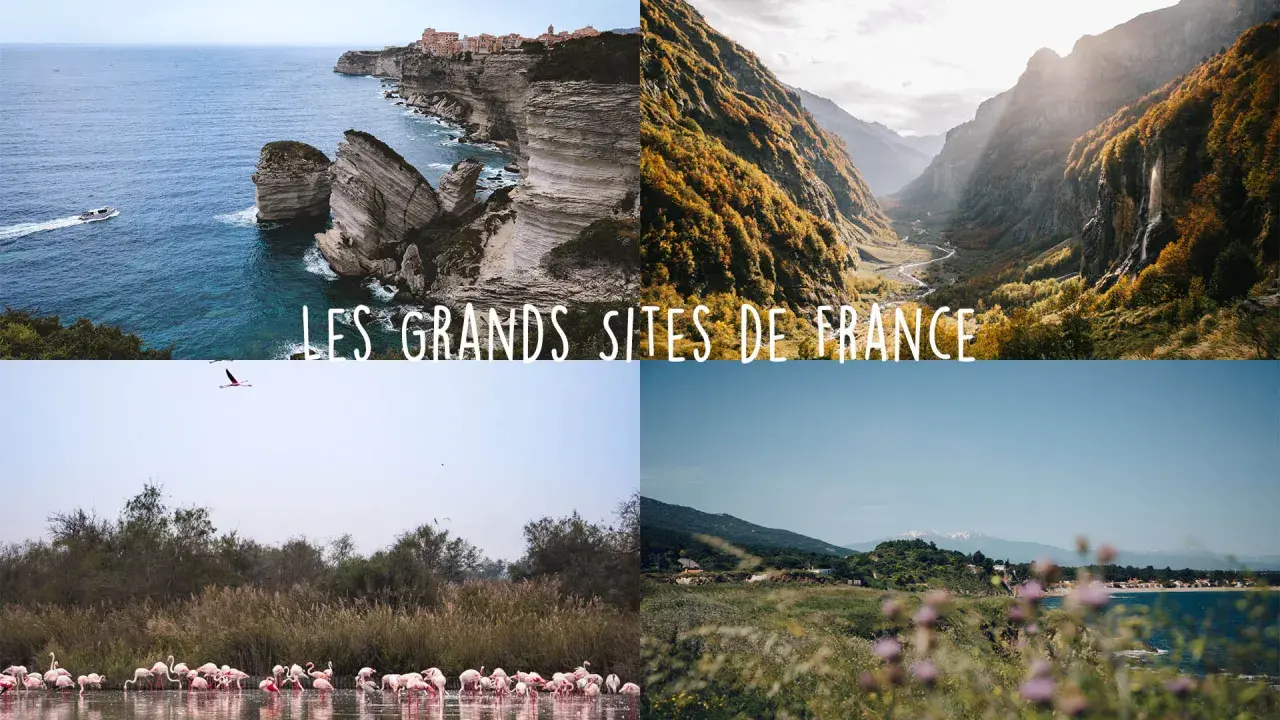 Quatre scènes magnifiques : falaises corses, vallée alpine, flamants roses, et paysage côtier. Ces images illustrent les plus beaux endroits de France.