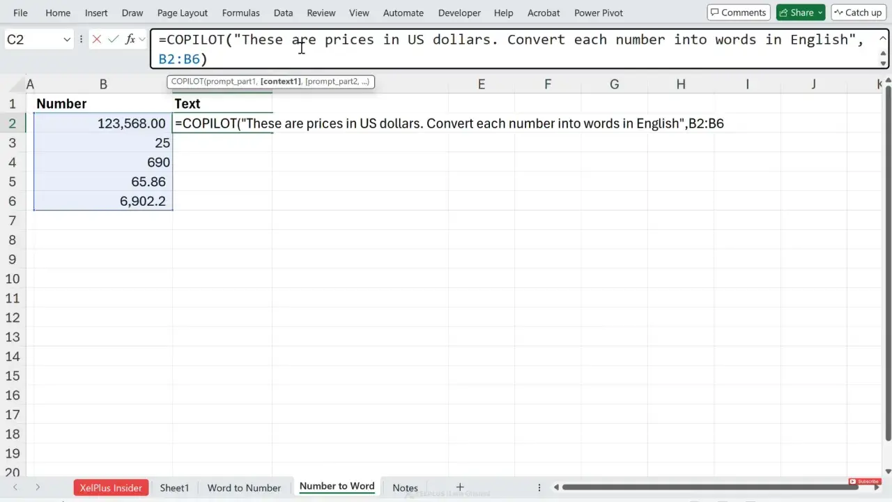 Foglio di calcolo con numeri in colonna B e formula in C2 che converte il numero memorizzato come testo in inglese.