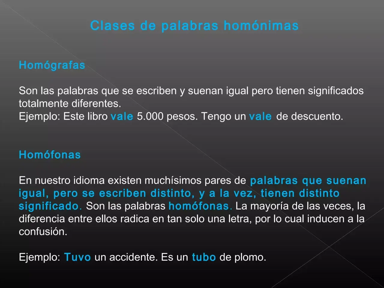Clases de palabras homónimas: homógrafas (igual escritura/sonido, distinto significado) y homófonas (igual sonido, distinta escritura/significado). Ejemplos: vale/vale, tuvo/tubo.